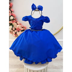 Vestido Infantil Azul Royal C/ Tiara e Renda Metalizada Festa