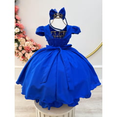 Vestido Infantil Azul Royal C/ Tiara e Renda Metalizada Festa