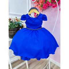 Vestido Infantil Azul Royal Cinto de Pérolas Casamento Luxo