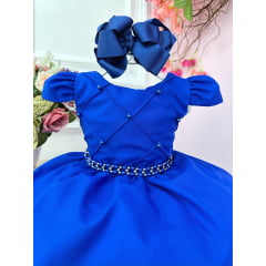 Vestido Infantil Azul Royal Cinto de Pérolas Casamento Luxo