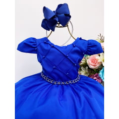 Vestido Infantil Azul Royal Cinto de Pérolas Casamento Luxo