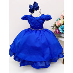 Vestido Infantil Azul Royal Cinto de Pérolas Casamento Luxo