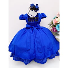 Vestido Infantil Azul Royal Cinto de Pérolas Casamento Luxo