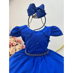 Vestido Infantil Azul Royal Cinto de Pérolas Casamento Luxo