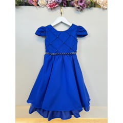 Vestido Infantil Azul Royal Cinto de Pérolas Casamento Luxo