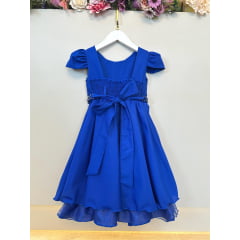 Vestido Infantil Azul Royal Cinto de Pérolas Casamento Luxo