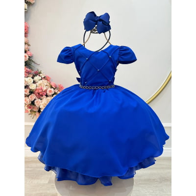 Vestido Infantil Azul Royal Cinto de Pérolas Casamento Luxo