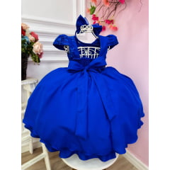 Vestido Infantil Azul Royal Renda C/ Cinto Pérolas e Tiara