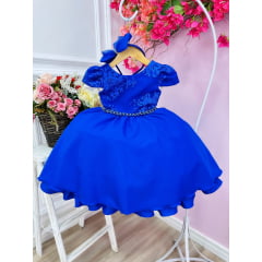 Vestido Infantil Azul Royal Renda C/ Cinto Pérolas e Tiara