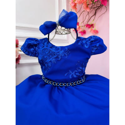 Vestido Infantil Azul Royal Renda C/ Cinto Pérolas e Tiara
