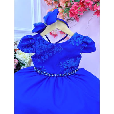 Vestido Infantil Azul Royal Renda C/ Cinto Pérolas e Tiara