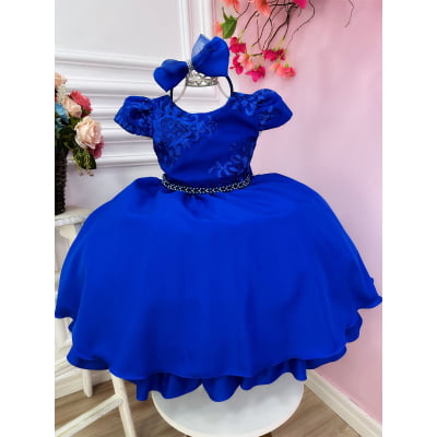 Vestido Infantil Azul Royal Renda C/ Cinto Pérolas e Tiara