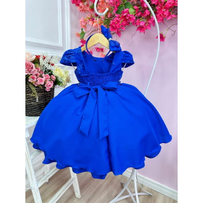 Vestido Infantil Azul Royal Renda C/ Cinto Pérolas e Tiara