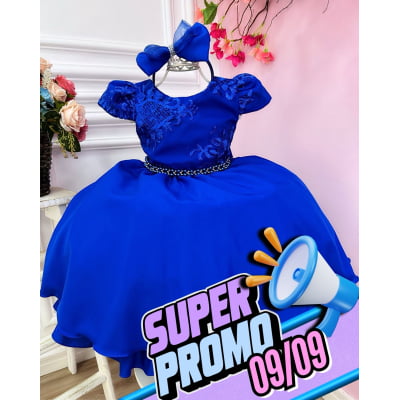 Vestido Infantil Azul Royal Renda C/ Cinto Pérolas e Tiara