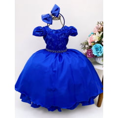Vestido Infantil Azul Royal Renda Cinto Pérolas C/Tiara