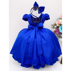 Vestido Infantil Azul Royal Renda Cinto Pérolas C/Tiara
