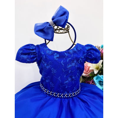 Vestido Infantil Azul Royal Renda Cinto Pérolas C/Tiara