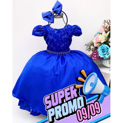 Vestido Infantil Azul Royal Renda Cinto Pérolas C/Tiara