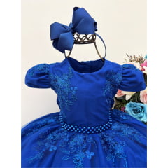 Vestido Infantil Azul Royal Renda Realeza Cinto Pérolas Luxo