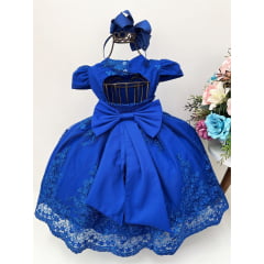 Vestido Infantil Azul Royal Renda Realeza Cinto Pérolas Luxo