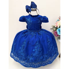 Vestido Infantil Azul Royal Renda Realeza Cinto Pérolas Luxo