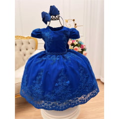 Vestido Infantil Azul Royal Renda Realeza Cinto Pérolas Luxo