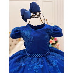 Vestido Infantil Azul Royal Renda Realeza Cinto Pérolas Luxo