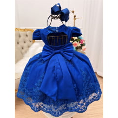 Vestido Infantil Azul Royal Renda Realeza Cinto Pérolas Luxo