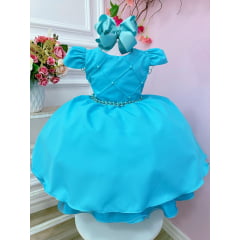 Vestido Infantil Azul Tiffany Cinto de Pérolas Luxo