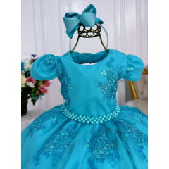 Vestido Infantil Azul Tiffany Renda Realeza Cinto de Pérolas