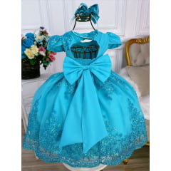 Vestido Infantil Azul Tiffany Renda Realeza Cinto de Pérolas