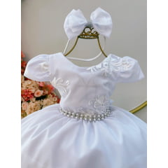 Vestido Infantil Branco Busto C/ Renda e Tiara Luxo Daminhas