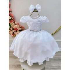 Vestido Infantil Branco Busto C/ Renda e Tiara Luxo Daminhas