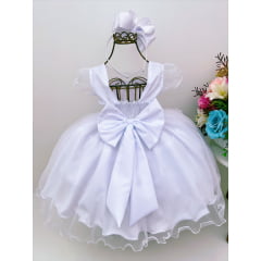 Vestido Infantil Branco C/ Aplique Borboletas Flores Pérolas