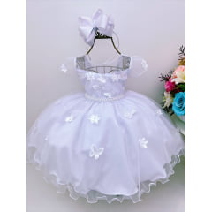 Vestido Infantil Branco C/ Aplique Borboletas Flores Pérolas