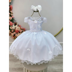 Vestido Infantil Branco C/ Aplique Borboletas Flores Pérolas