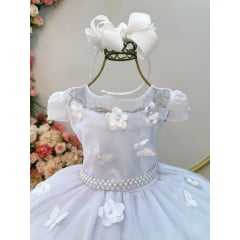 Vestido Infantil Branco C/ Aplique Borboletas Flores Pérolas
