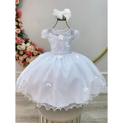 Vestido Infantil Branco C/ Aplique Borboletas Flores Pérolas