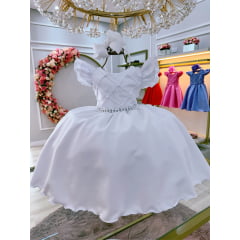 Vestido Infantil Branco Busto Nervura C/ Pérolas Casamentos