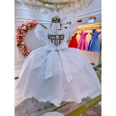 Vestido Infantil Branco Busto Nervura C/ Pérolas Casamentos