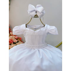 Vestido Infantil Branco C/ Cinto de Pérolas Daminhas Luxo