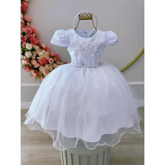 Vestido Infantil Branco C/ Renda e Cinto de Pérolas Luxo