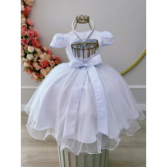 Vestido Infantil Branco C/ Renda e Cinto de Pérolas Luxo