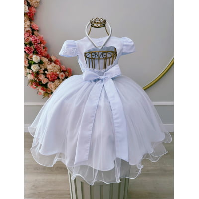 Vestido Infantil Branco C/ Renda e Cinto de Pérolas Luxo