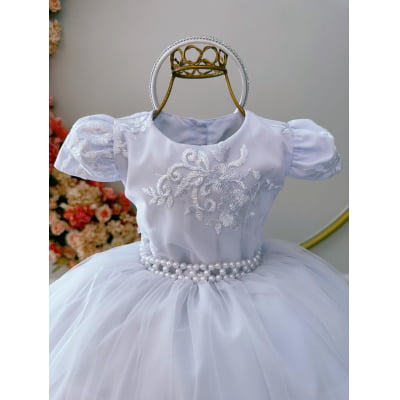 Vestido Infantil Branco C/ Renda e Cinto de Pérolas Luxo
