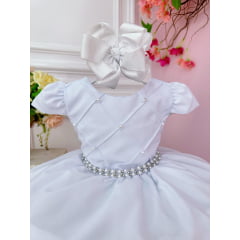 Vestido Infantil Branco Cinto Pérolas Damas Casamento Luxo