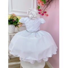Vestido Infantil Branco Cinto Pérolas Damas Casamento Luxo