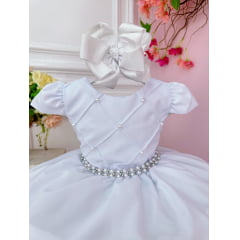 Vestido Infantil Branco Cinto Pérolas Damas Casamento Luxo