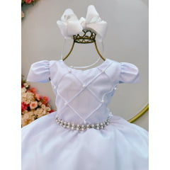 Vestido Infantil Branco Cinto Pérolas Damas Casamento Luxo