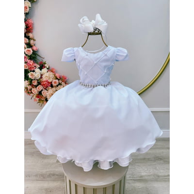 Vestido Infantil Branco Cinto Pérolas Damas Casamento Luxo